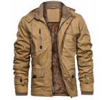 Men's Thick Winter Jackets with Hood Fleece Lining Cotton Military Jackets Work Jackets with Cargo Pockets Outwear, Men's Fur Lined Utility Jacket with Pockets, Khaki, Size Small