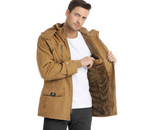 Men's Thick Winter Jackets with Hood Fleece Lining Cotton Military Jackets Work Jackets with Cargo Pockets Outwear, Men's Fur Lined Utility Jacket with Pockets, Khaki, Size Small